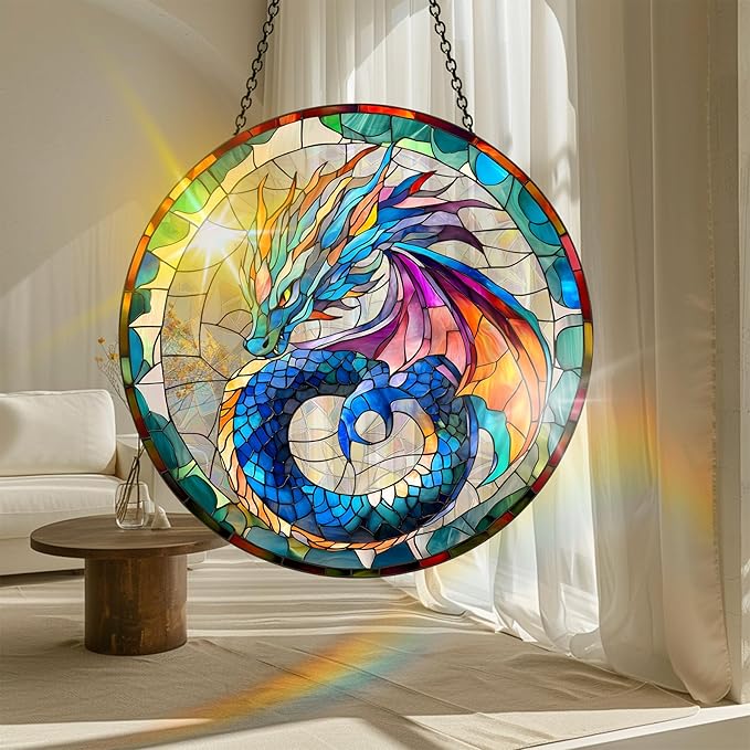 VAIIEYO Dragon Acrylic Sun Catcher Window Hanging Decoration, 7.8 Inch Double-Sided Light Reflecting Ornament for Window, Garden, Porch or Balcony Decor, Housewarming, Gift for Natural Lovers