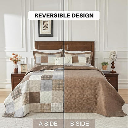 100% Cotton King Bedspread 120"x120", Oversized Quilt Bedspread Coverlet Set, Farmhouse Plaid Patchwork Pattern, Reversible Quilted Bedding Set, 3 Pieces, Khaki/Gray/Brown