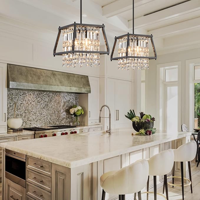 LMQNINE Farmhouse Chandelier - Black Metal Crystal Pendant Light for Kitchen, Dining Room, Living Room - Flat & Inclined Ceiling (Trapezoid -11.81in)
