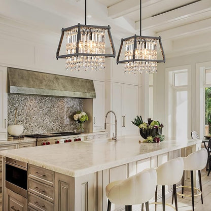LMQNINE Farmhouse Chandelier - Black Metal Crystal Pendant Light for Kitchen, Dining Room, Living Room - Flat & Inclined Ceiling (Trapezoid -11.81in)