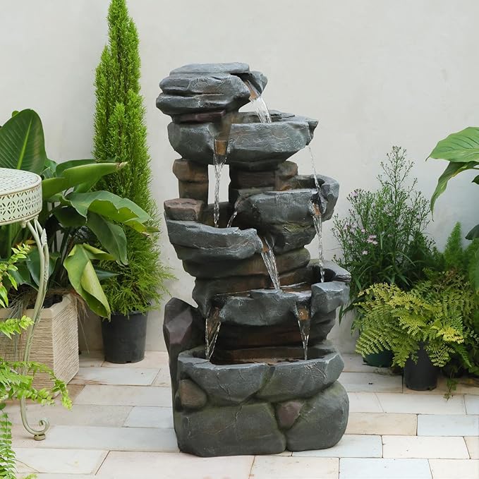 50.6" H Outdoor Water Fountain with 3 Tiers Large Cascading Realistic Tree Trunk Waterfall Fountains with LED Lights Outdoor Water Fountain for Garden Patio Backyard Porch Home Decor