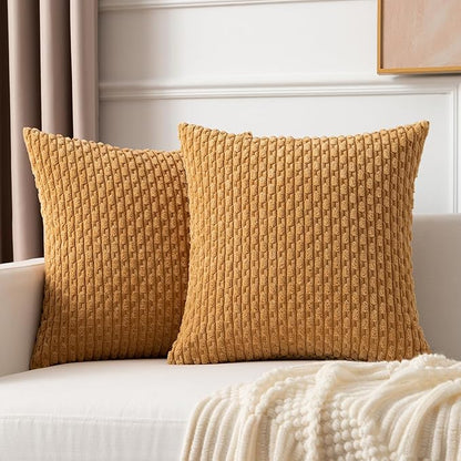 Kevin Textile Throw Pillow Covers Soft Corduroy Decorative Set of 2 Boho Striped Pillow Covers Pillowcases Farmhouse Home Decor for Couch Bed Sofa Living Room 18x18 Inch Gold
