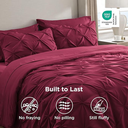 Bedsure King Size Comforter Set Dark Red - Bed in a Bag Bedding Set 7 Pieces, GentleSoft™ Pintuck Bed Set Gift for Family, Pinch Pleat Dark Red Comforter with Sheets, Pillowcases & Shams