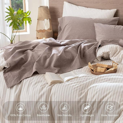 MooMee Bedding Sheet Set 100% Washed Cotton Linen Like Textured Breathable Durable Soft Comfy (Heathered Mauve Brown, Full)
