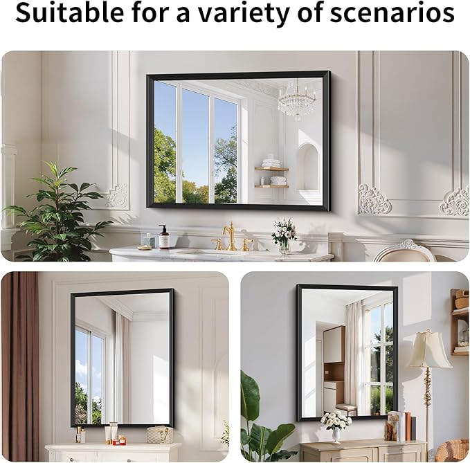 Black Bathroom Mirror 36 x 48 Inch Rectangle Wave Beveled Frame for Wall Bathroom Vanity Mirror for Over Sink, Tempered Glass,for Entryway Hangs, Bathroom Living Room Horizontal or Vertical