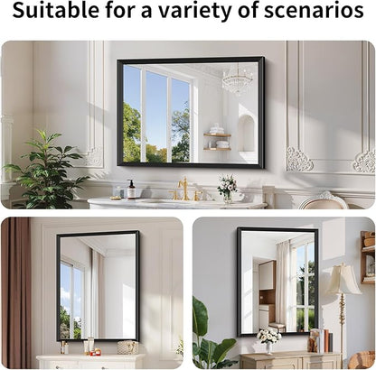 Black Bathroom Mirror 36 x 48 Inch Rectangle Wave Beveled Frame for Wall Bathroom Vanity Mirror for Over Sink, Tempered Glass,for Entryway Hangs, Bathroom Living Room Horizontal or Vertical