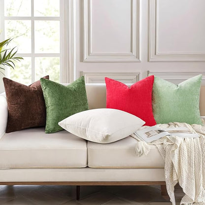 decorUhome Chenille Brown Throw Pillow Covers 24x24 Inch Set of 2, Decorative Soft Couch Pillow Covers Solid Dyed Accent Velvet Farmhouse Neutral Square Pillow Cases for Sofa Bed Living Room