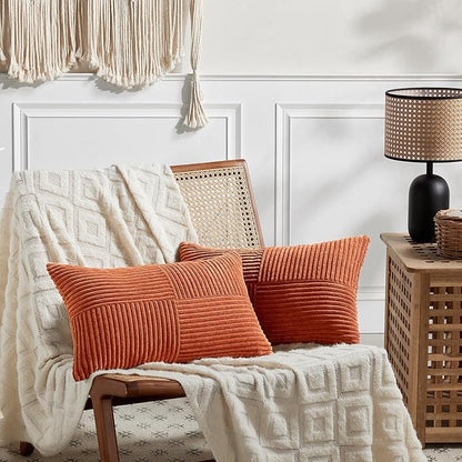 Fancy Homi 2 Packs Burnt Orange Lumbar Decorative Throw Pillow Covers 20x28 Inch for Living Room Couch Bed Sofa, Farmhouse Boho Home Decor, Soft Striped Corduroy Rectangle Accent Cushion Case 50x70 cm
