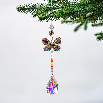 Hanging Butterfly Shaped Suncatcher Crystals, Glass Teardrop Prism Rhinestones Sun Catchers, Rainbow Maker Pendant Indoor Window Home Car Decor Gift