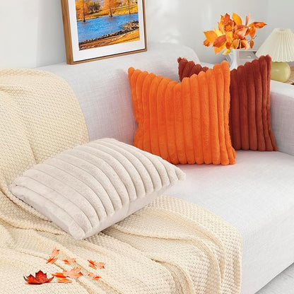 decorUhome Faux Fur Spring Throw Pillow Covers 18x18 Set of 2, Decorative Soft Plush Striped Neutral Couch Pillow Covers with Velvet Back for Sofa, Bed, Living Room Home, Rust