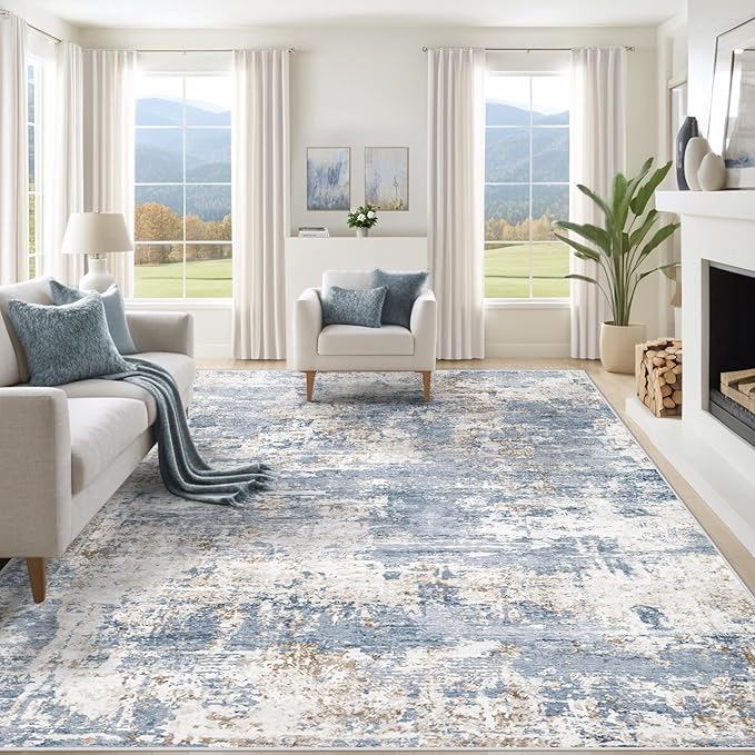 8x10 Area Rugs for Living Room, Washable Modern Abstract Large Area Rug Neutral Soft Non Slip Kids Rug Stain Resistant Indoor Carpet for Bedroom Nursery Dining Room Playroom Home Office(Blue, 8'x10')