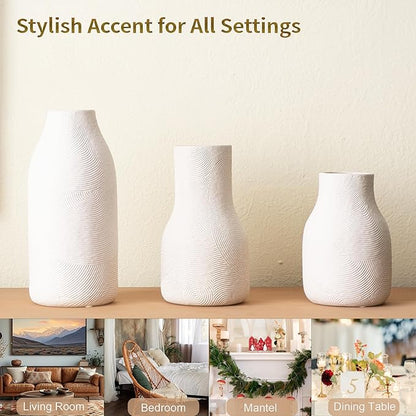 Decorative White Ceramic Vase Set for Modern Boho Home Decor – Set of 3 Textured Pottery Vases for Dried Flowers, Pampas Grass, Living Room, Shelf, or Entryway Display