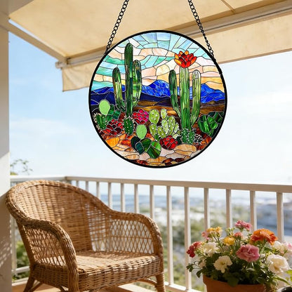 DASTOLL Stained Glass Window Hanging, Green Cactus Suncatcher for Doors Window Home Plant Landscape Sun Catchers Decoration Mother's Day Birthday Gifts for Women, Men, and Mom 9.8 in