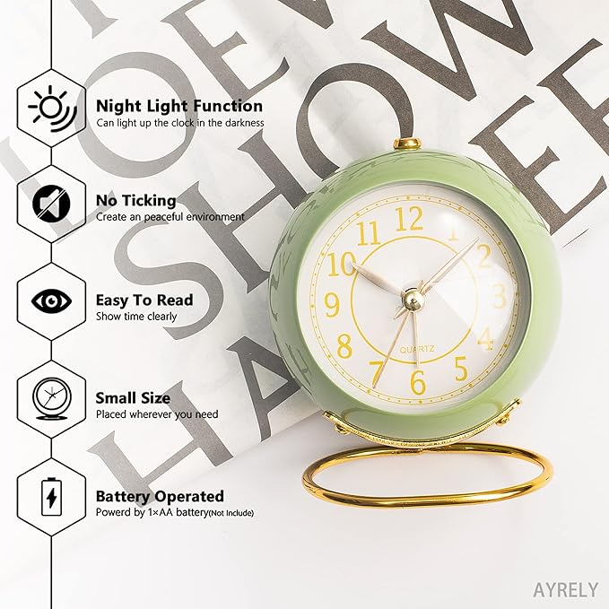 AYRELY® Battery Operated Desk Alarm Clock with Light,Silent No Ticking,Small Table Clock for Bedside/Bedroom/Living Room/Office/Travel/Kids/Room Decor Aesthetic Vintage (Green)