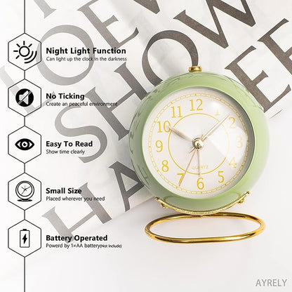 AYRELY® Battery Operated Desk Alarm Clock with Light,Silent No Ticking,Small Table Clock for Bedside/Bedroom/Living Room/Office/Travel/Kids/Room Decor Aesthetic Vintage (Green)