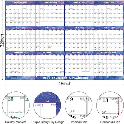 6pcs 32" x 48" 2026 Wall Calendar Dry Erase - Large Starry Sky Calendar Wet & Dry Erasable Laminated 12 Month Annual Yearly Planner, Reversible, Horizontal/Vertical (2026 Wall Calendar)