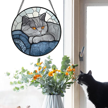 Stained Glass Window Hanging 4 Pcs Set Cute Cat 9.8" - Suncatcher Door Garden Sun Catcher Decor Birthday Mother's Day Christmas Comfort Gifts for Lost Pet Woman Nana Mom Men Friend
