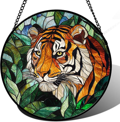 Stained Glass Window Hanging, Fierce Tiger Sun Catcher for Door Home Decor Wild Animals Suncatcher Christmas Mother's Day Birthday Gifts for Women Men Mom and Nana 9.8 in