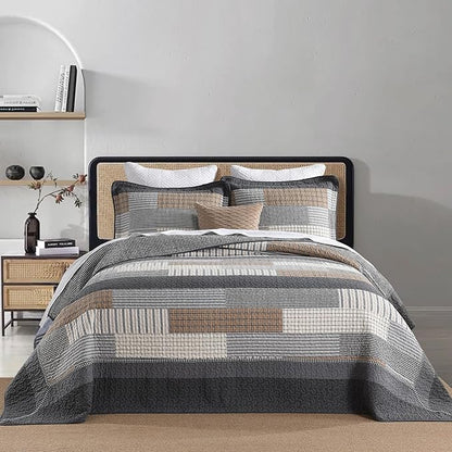 120"x120" Cotton Oversized King Bedspread Coverlet, Gray Plaid Extra Large Quilt Set with Pillow Shams, Lightweight Farmhouse Reversible Quilted Bedspreads, All Season, 3 Piece