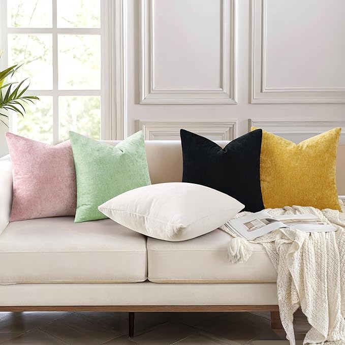 decorUhome Chenille Black Spring Throw Pillow Covers 18x18 Inch Set of 2, Decorative Soft Couch Pillow Covers Solid Dyed Accent Farmhouse Neutral Square Pillow Cases for Sofa
