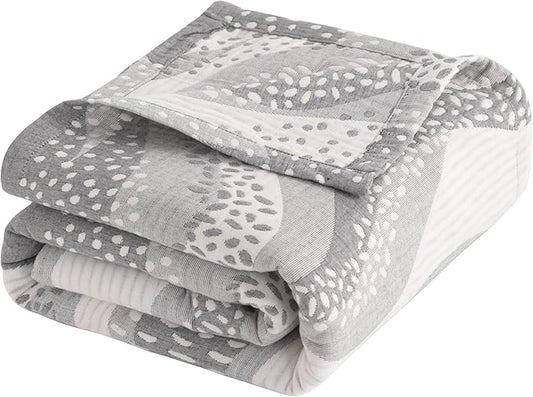 NTBAY 3 Layers Cotton Muslin 106x92 King Bed Blanket, Super Soft Breathable Thermal Yarn Dyed Quilt for Adults, Perfect Lightweight Blanket for Couch Sofa Bed All Seasons, Grey Wheat Waves