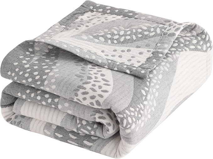 NTBAY 3 Layers Cotton Muslin 68x92 Twin Bed Blanket, Super Soft Breathable Thermal Yarn Dyed Quilt for Adults, Perfect Lightweight Blanket for Couch Sofa Bed All Seasons, Grey Wheat Waves