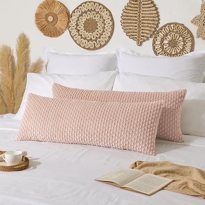 Kevin Textile Valentines Day 20x54 Inch Long Body Lumbar 1 Pack Boho Decorative Throw Pillow Cover Soft Striped Corduroy Rectangle Cushion Case Accent for Living Room Couch Sofa Bed, Light Pink