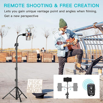 74" Flexible Phone Tripod, Tall Cell Phone Tripod with Adjustable Gooseneck & Remote, Portable Camera Cellphone Stand for Video Recording, Compatible with iPhone Android