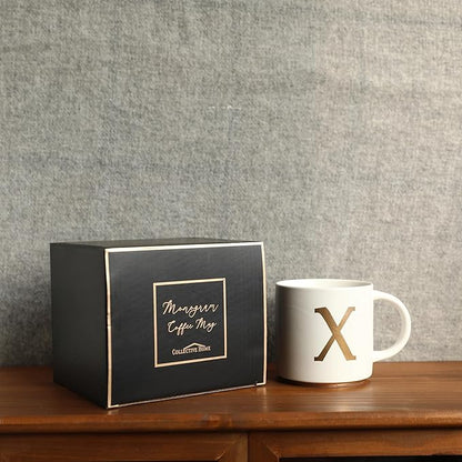 COLLECTIVE HOME - Monogram Ceramic Mugs, 15 oz Golden Initial Coffee Cups, Elegant Alphabet Tea Mugs, Elegant Personalized Mug with Gift Box, Unique Mug with Double Side Capital Letter (X)