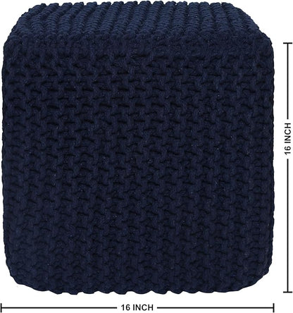 REDEARTH · Square Hand Knitted Pouf - Foot Stool Ottoman Coffee Table - Cotton Cord Boho Pouffe - Poof Accent Footrest for Living Room - Bedroom - Library (16" x 16" x 16") - Navy Blue, Set of 2