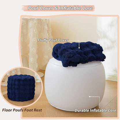 LIFEREVO Faux Rabbit Fur Round Inflatable Pouf Ottoman, 20" X 16" Plush Fuzzy Waffle Bubble Floor Poufs Foot Rest for Living Room Bedroom, Furry Pouf Foot Stool Couch Home Decor, Anti-Slip, Navy Blue