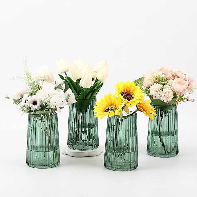 Green Glass Vases Set of 4, Small Vases for Flowers, Flower Vase for Bouquet, Modern Ribbed Glass Vase for Living Room, Bedroom, Dining Table, Office, Wedding, Centerpieces