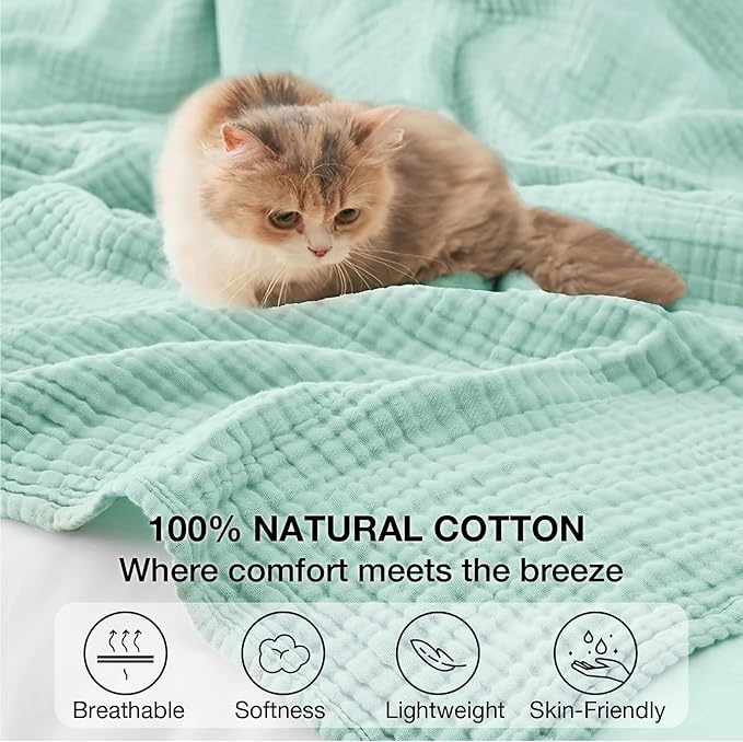 100% Cotton Muslin Blanket Twin 66" x 90", Breathable and Lightweight Cotton Twin Blankets for Couch, Soft Cooling Summer Gauze Blanket for Adults All Season, Mint
