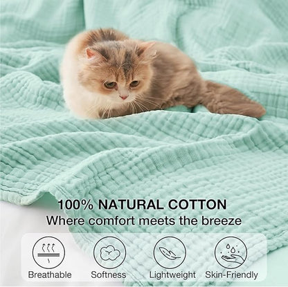 100% Cotton Muslin Blanket Large 50" x 70", Breathable and Lightweight Cotton Throw Blanket for Bed and Couch, Soft Cooling Summer Gauze Blanket for Adults All Season, Mint