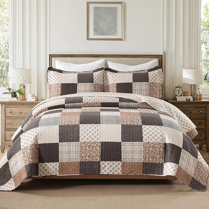 100% Cotton Quilt Set Queen Size - Plaid Quilted Comforter, Patchwork Reversible Queen Quilt Bedspread, Modern Farmhouse Lightweight Bedding for Queen Bed, 3pcs, Beige/Brown/Gray