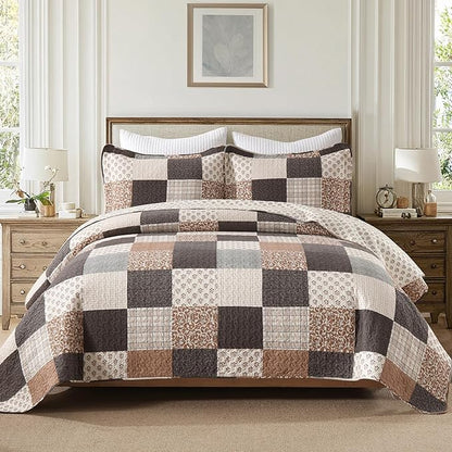 100% Cotton Quilt Set Queen Size - Plaid Quilted Comforter, Patchwork Reversible Queen Quilt Bedspread, Modern Farmhouse Lightweight Bedding for Queen Bed, 3pcs, Beige/Brown/Gray