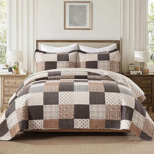 100% Cotton Quilt Set Queen Size - Plaid Quilted Comforter, Patchwork Reversible Queen Quilt Bedspread, Modern Farmhouse Lightweight Bedding for Queen Bed, 3pcs, Beige/Brown/Gray