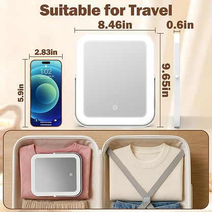 ROLOVE Travel Makeup Mirror with Lights, Ultra-Thin Aluminum Lighted Vanity Mirror, 8"x10" Rechargeable LED Mirror for Travel & Desk, 3 Color Dimmable Portable Folding Mirror, Gifts for Women