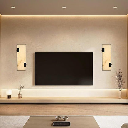 Modern Alabaster Wall Sconce 14.17” Black Frame with Natural Marble Shade Dimmable 3000K Warm Glow Light for Bedroom Hallway Fireplace Staircase