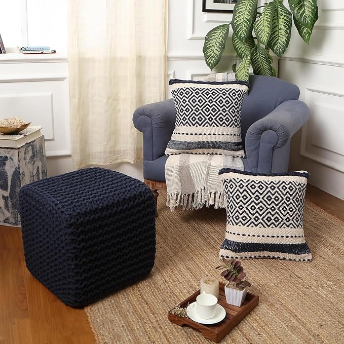 REDEARTH · Square Hand Knitted Pouf - Foot Stool Ottoman Coffee Table - Cotton Cord Boho Pouffe - Poof Accent Footrest for Living Room - Bedroom - Library (16" x 16" x 16") - Navy Blue, Set of 2