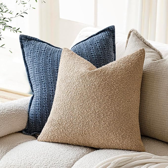 Foindtower Textured Boucle Throw Pillow Covers Accent Solid Pillow Cases Cozy Soft Decorative Couch Cushion Case for Chair Sofa Bedroom Living Room Home Decor, 18 x 18 Inch,Taupe Khaki Camel