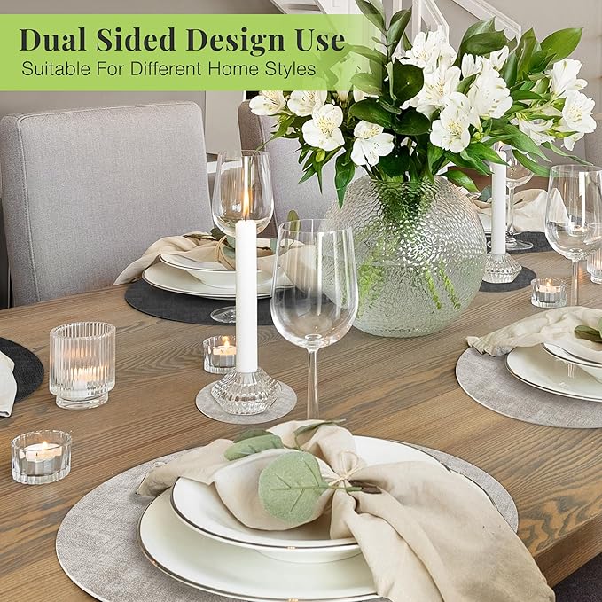 13-Inch Faux Leather Round Placemats Set of 4, Waterproof Anti-Slip Dual Sided Place mats, Heat Resistant Washable Table Mats with Coaster, Suitable for Indoor & Outdoor (4, Black Light Gray)