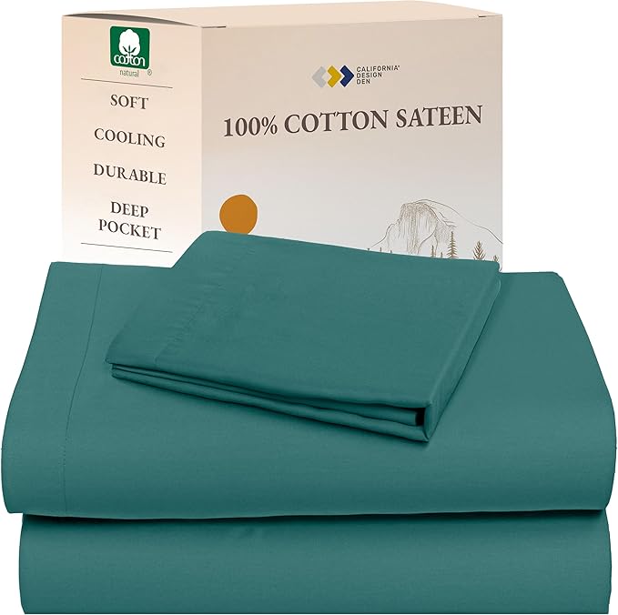 California Design Den Natural 100% Cotton Sheets Twin XL Size Set - Soft Sateen, Twin XL Sheets Set, Deep Pockets, Breathable & Durable Bedding for Dorm Rooms, College Teal (Deep Tone)