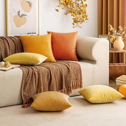 EMEMA Fall Lemon Yellow Velvet Throw Pillow Covers 20x20 Inch Set of 2 Decorative Square Pillowcase Soft Solid Cushion Case for Couch Sofa Bedroom Livingroom