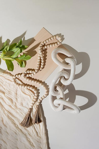 Decorative Wood Chain Link and Bead Garland Set | Coffee Table Decor | Modern Farmhouse Decor Set | Bookshelf Decor | Boho Decorations for Living Room Bedroom Entryway | Book Decor I White