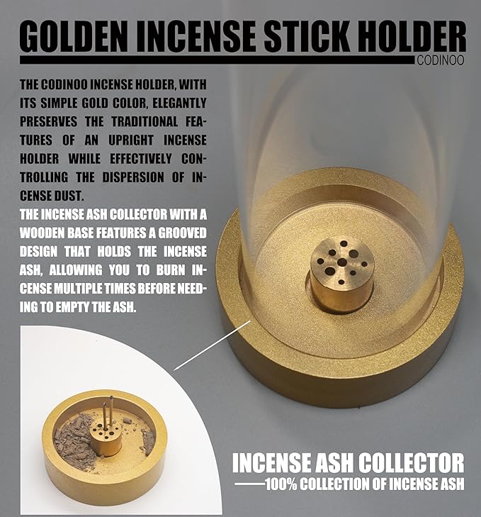 2 pcs Glass Incense Holder for Sticks,Modern Incense Stick Holder with Ash Catcher[Anti ash Flying], Wooden Incense Burner Holder,Zen Glass Incense Holder,for Spa Home Decor Yoga Meditation[Golden]