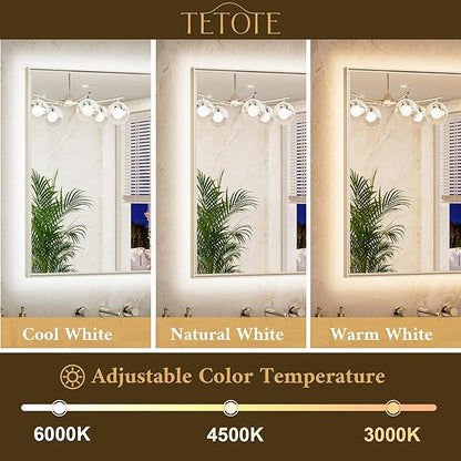 TETOTE 55 x 30 Backlit Mirror Brushed Nickel Metal Frame LED Light Vanity 3-Color White/Warm/Natural Stepless Dimmable Anti-Fog Backlight Mirror Wall-Mounted