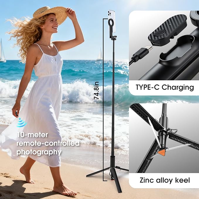 Magnetic Phone Tripod,76" Auto-Open Phone Stand with Metal Ring & Rechargable Remote,Portable Selfie Stick with Magnetic Holder for Magsafe,360°Rotatable Phone Stand Travel for iPhone/Android/Camera