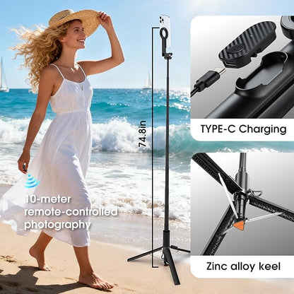 Magnetic Phone Tripod,76" Auto-Open Phone Stand with Metal Ring & Rechargable Remote,Portable Selfie Stick with Magnetic Holder for Magsafe,360°Rotatable Phone Stand Travel for iPhone/Android/Camera