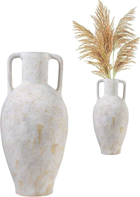 UPWOIGH 20.5" Large Vintage Ceramic Floor Vase with Handles – Antique White Farmhouse & Mediterranean Decor